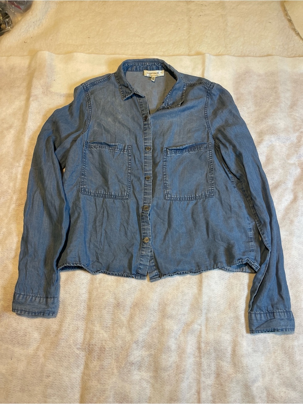 Cotton On 100% Lyocell Chambray Button Down Shirt Blue XS